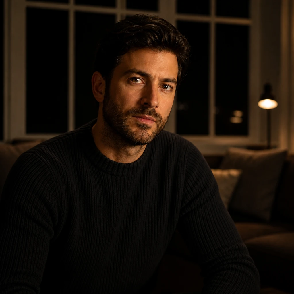 Bearded man in a dark ribbed sweater in a night interior, lit warmly from in front while a desk lamp glows soft at frame-right and the window panes stay dark.