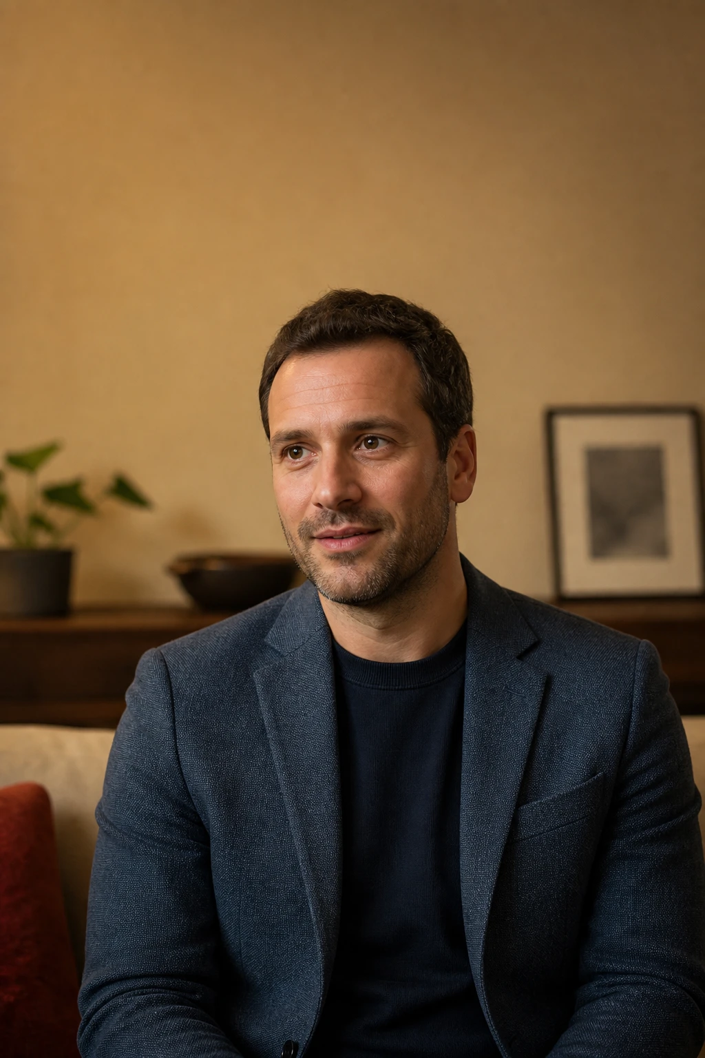 Man in a textured blazer and blue sweater on a light sofa, soft warm light from above wrapping his face while a plant and framed print sit on a shelf behind.