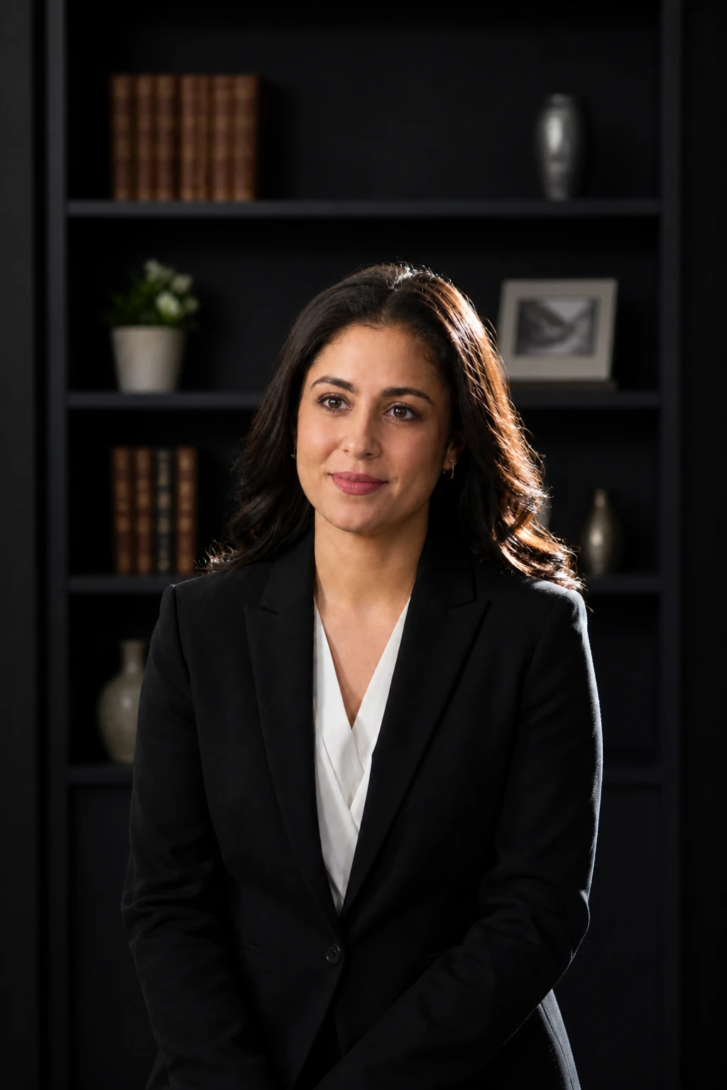 Woman in a black blazer and white blouse before a dark bookshelf, warm key on her face and a bright rim along the camera-right edge of her hair.