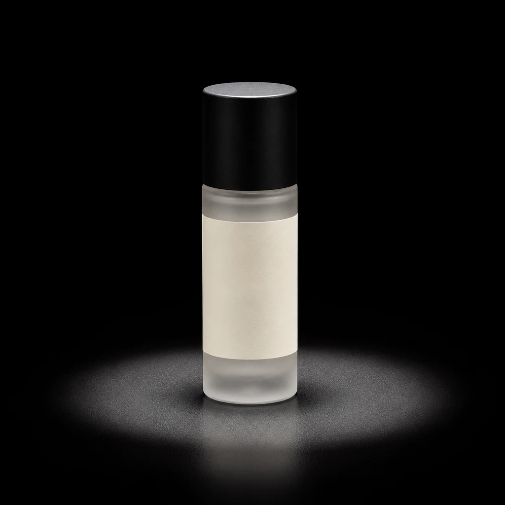Frosted cylindrical cosmetic bottle with a matte black cap and blank cream label, standing in a soft circular pool of light on a black surface.