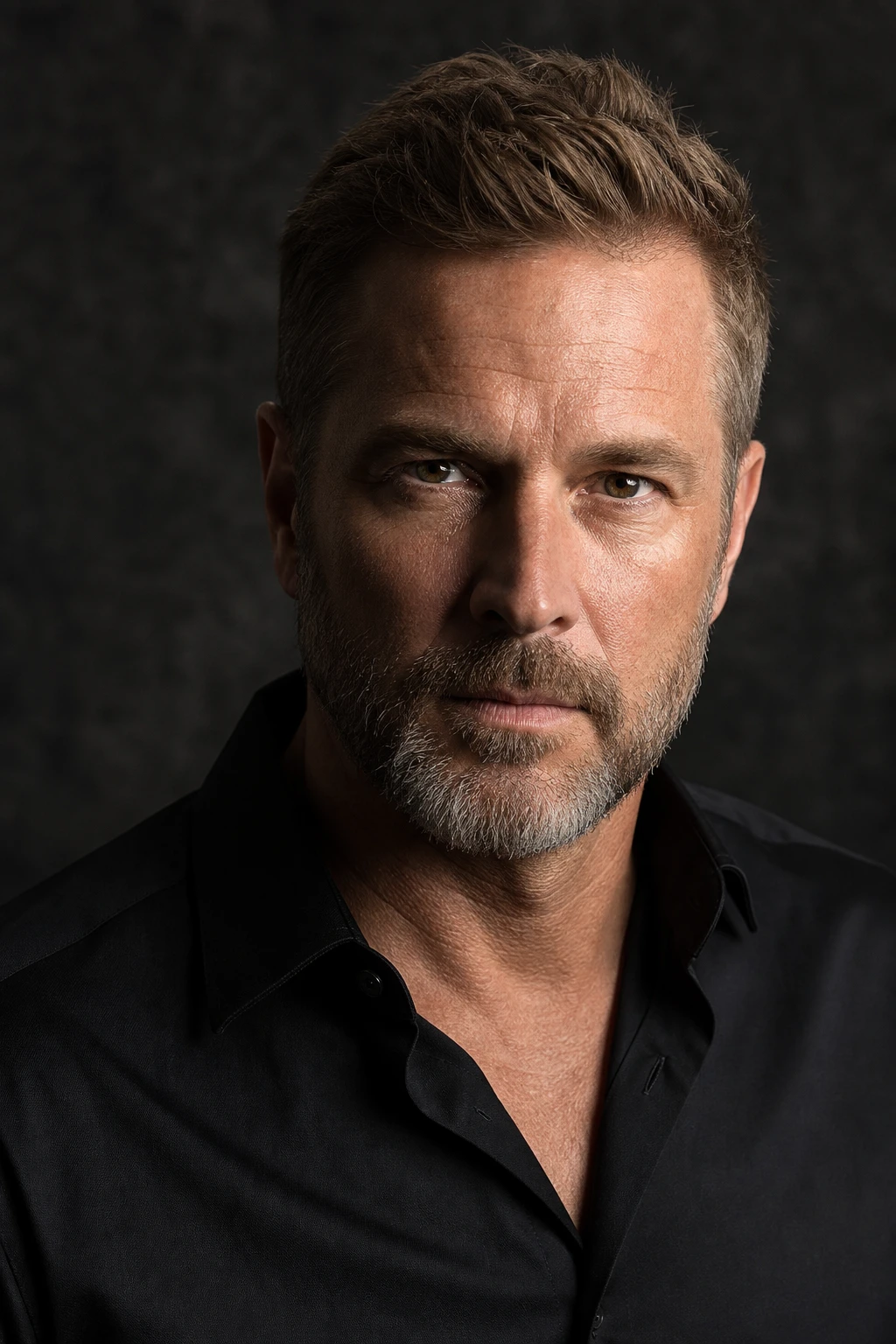 Salt-and-pepper bearded man in a black shirt against mottled charcoal, lit from camera-right so one cheek is bright and the far side falls near-black.
