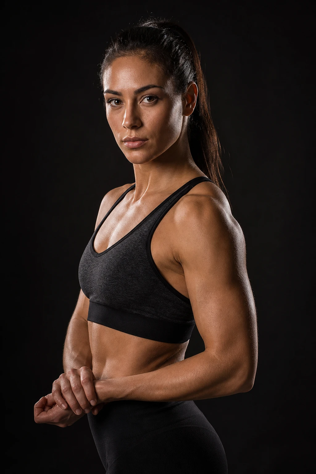 Athletic woman in a grey sports bra against black, keyed hard from camera-left so muscle and cheek catch light while the far side falls deep.