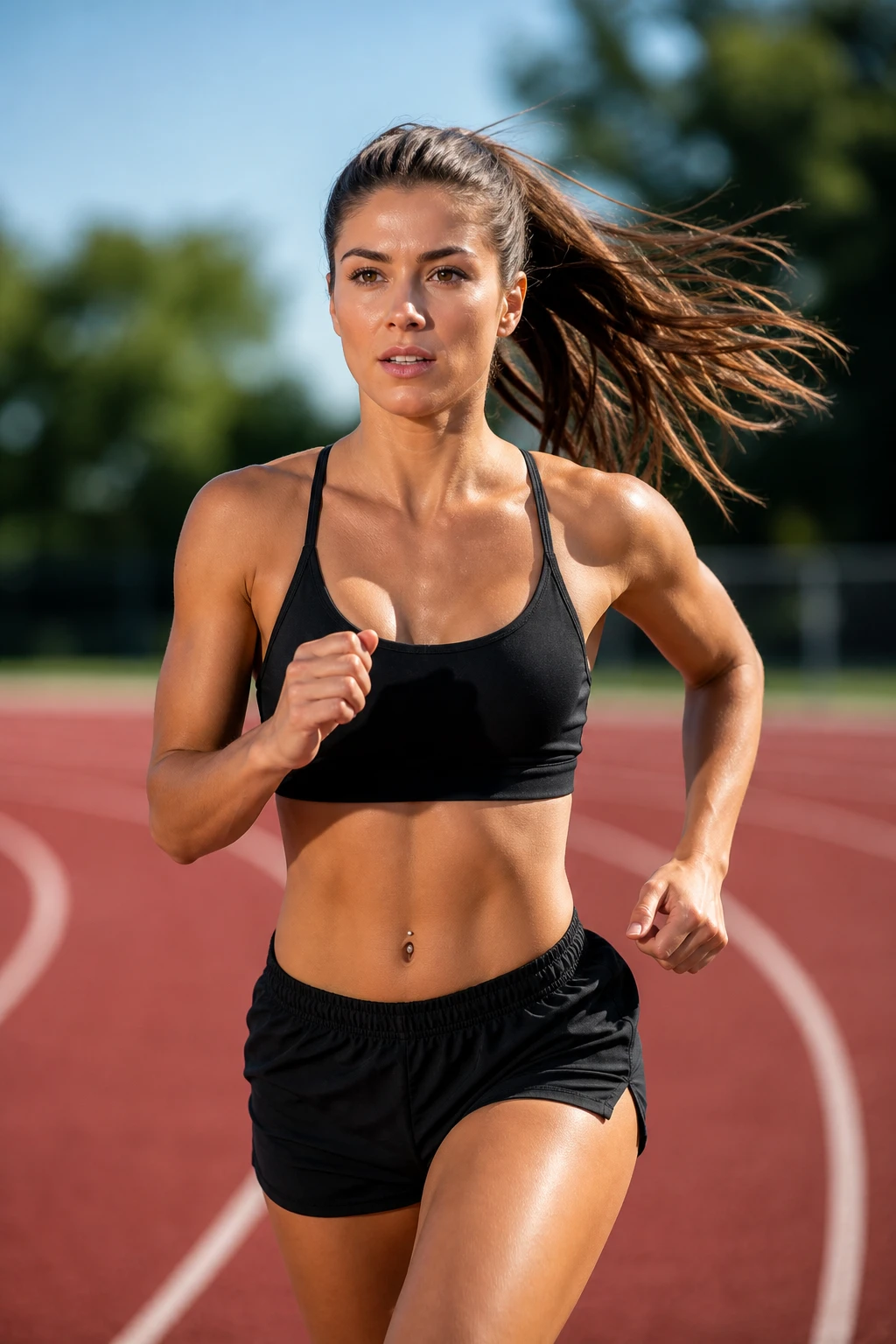 Athletic woman running toward camera on a red track in hard sun, bright skin sheen on shoulders and face with trees soft behind.