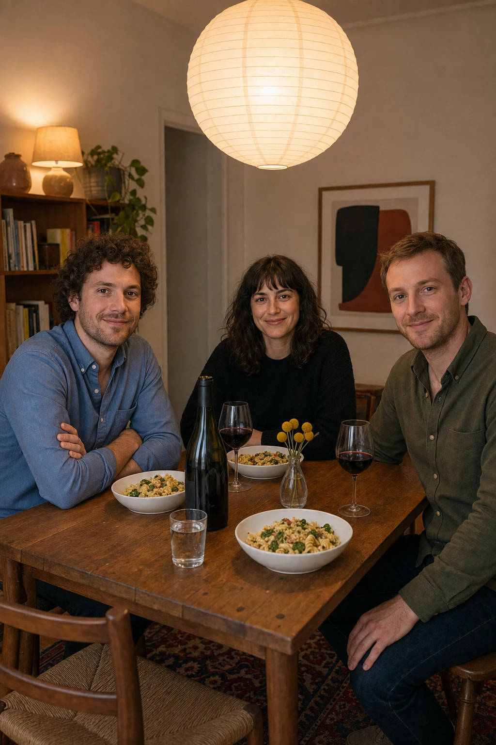 Three people at a wooden dinner table under a glowing paper lantern above, soft warm light on faces, pasta bowls and wine on the table.