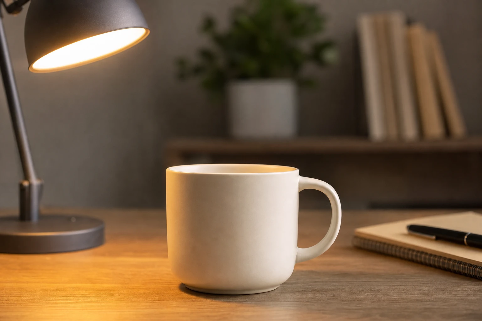 White ceramic mug on a wooden desk beside a notebook, keyed by a warm desk lamp at frame-left with a bright pool on the wood.