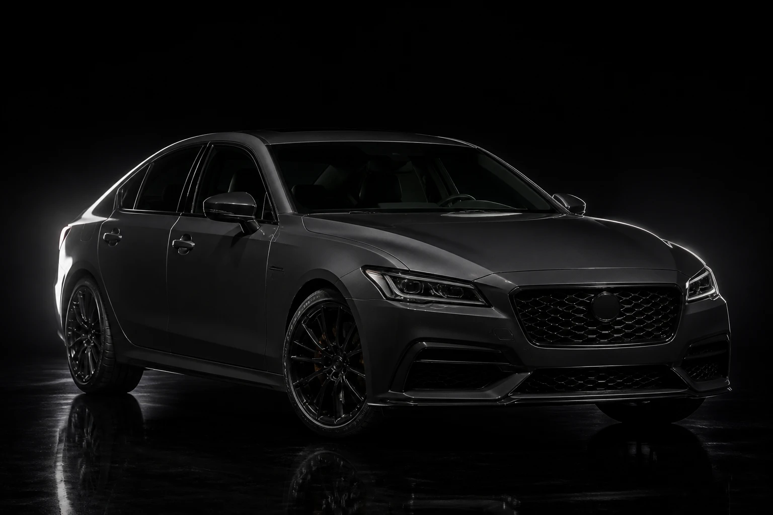 Dark grey sedan at three-quarter front on black gloss, a soft highlight wrapping the rear corner and roofline, a thin bright line tracing the far bonnet and fender.