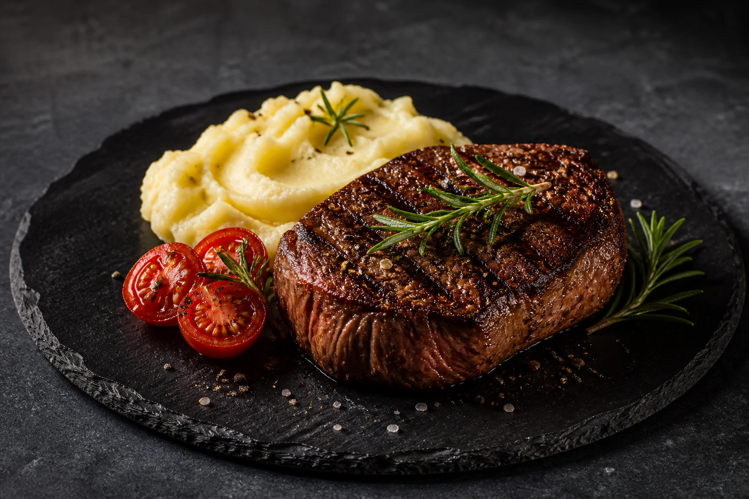 Grilled steak with mash and cherry tomatoes on black slate, hard side light from frame-left putting bright glints on meat and herbs.