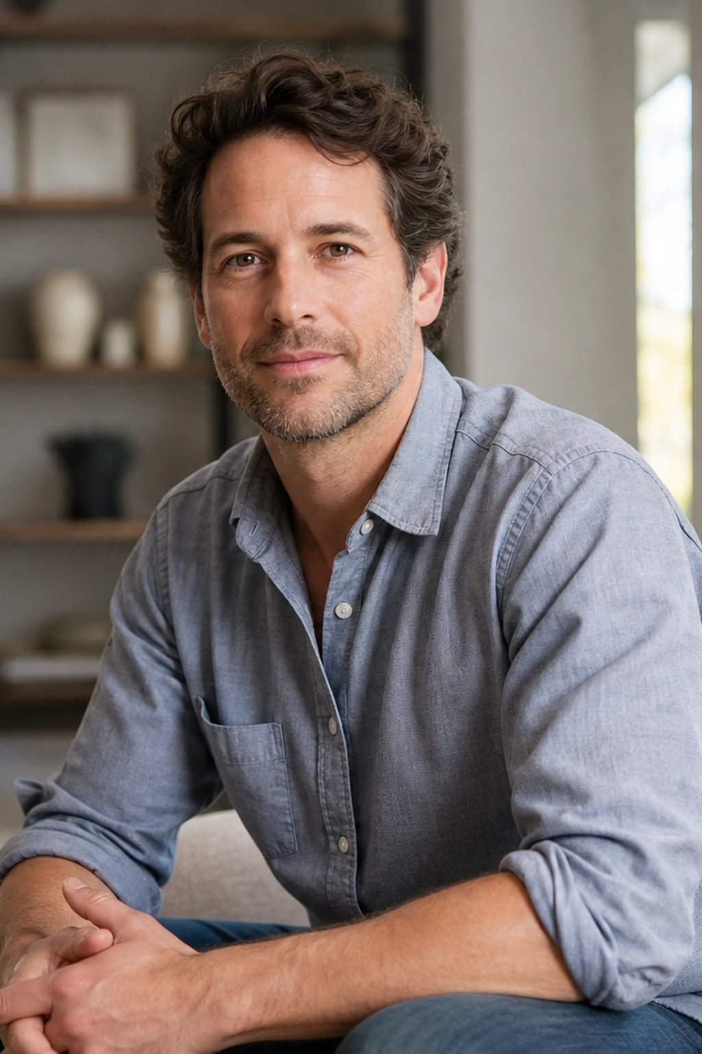 Man in a light blue rolled-sleeve shirt indoors, soft window light from camera-right bright on that cheek with shelves soft at frame-left.