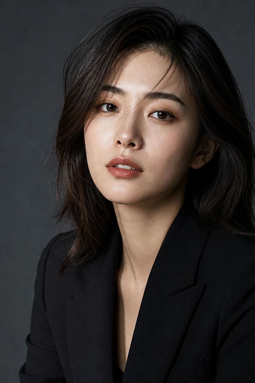 Woman in a black blazer on charcoal, soft side light from camera-right modeling her cheek while the far side falls gently.