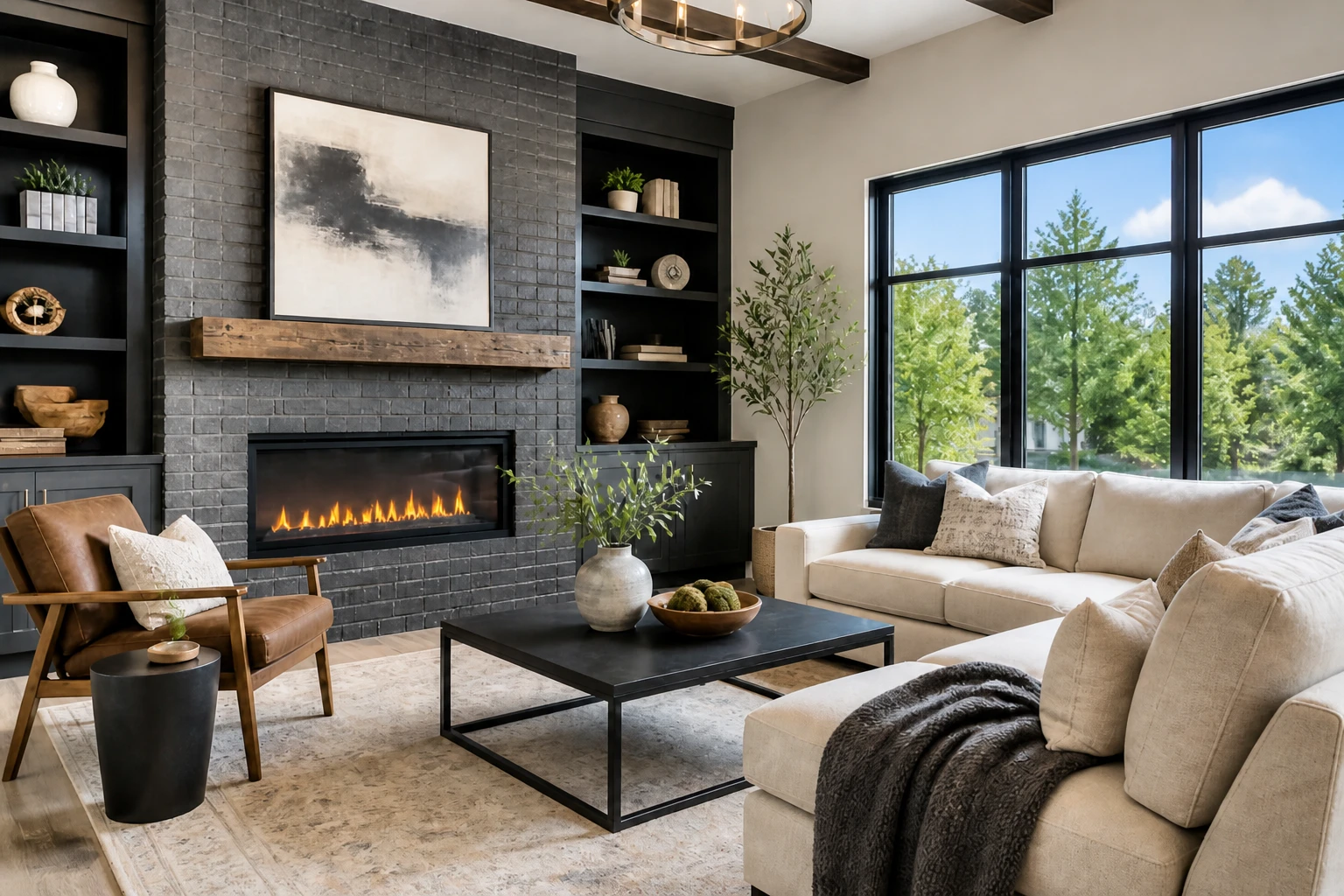 Bright living room with a cream sofa and brick fireplace, daylight from a large window at frame-right and an orange flame in the hearth.