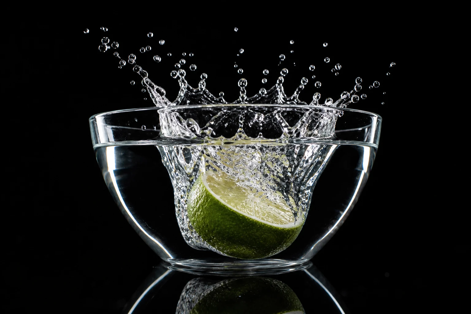 Lime half frozen mid-splash in a clear glass bowl on black, bright white highlights on every airborne droplet and glass edge.