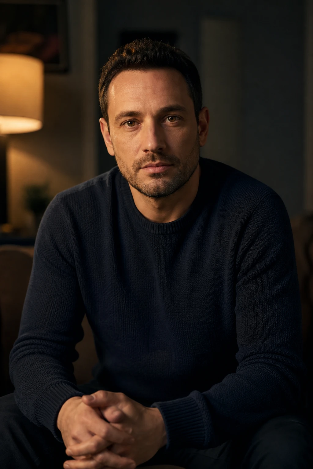 Man in a navy ribbed sweater with hands clasped, warm lamp glow at frame-left wrapping that cheek while the far side falls soft.