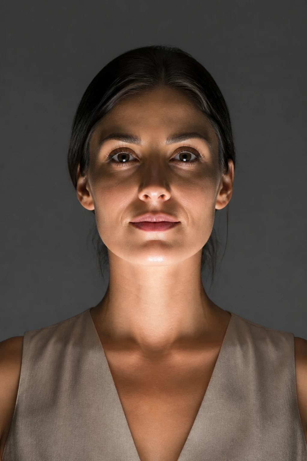 Woman in a tan sleeveless top on charcoal, light from below lifting chin and neck so shadows climb above brow and upper lip.