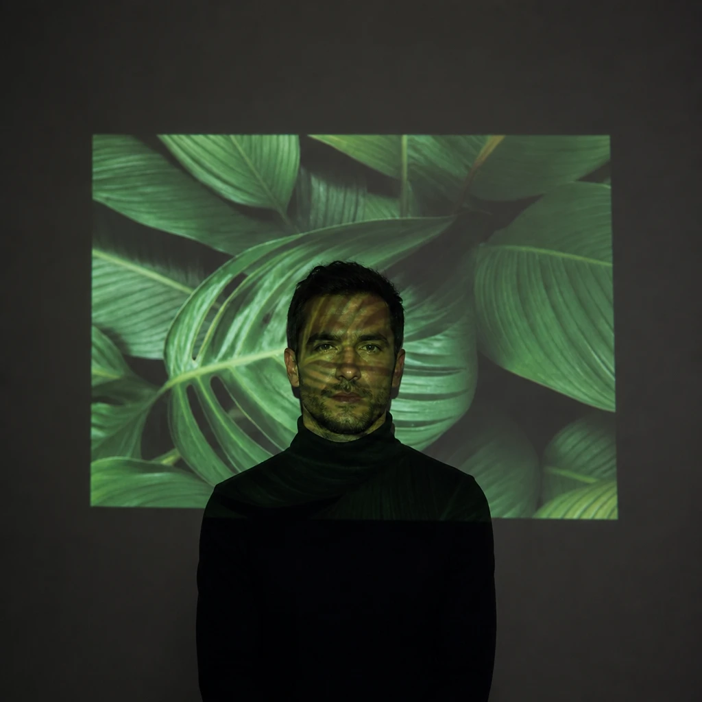 Man in a dark turtleneck with green tropical leaf patterns projected across his face and a bright leaf screen behind his head.