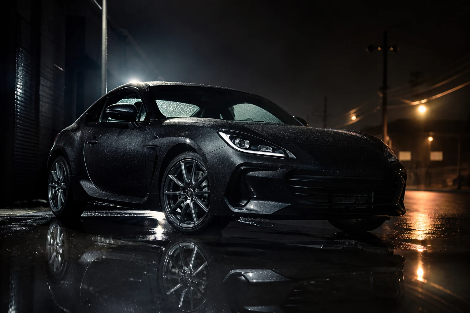 Black sports coupe on wet night asphalt with raindrops on paint, cool white rim along the roof and warm streetlight bokeh behind.